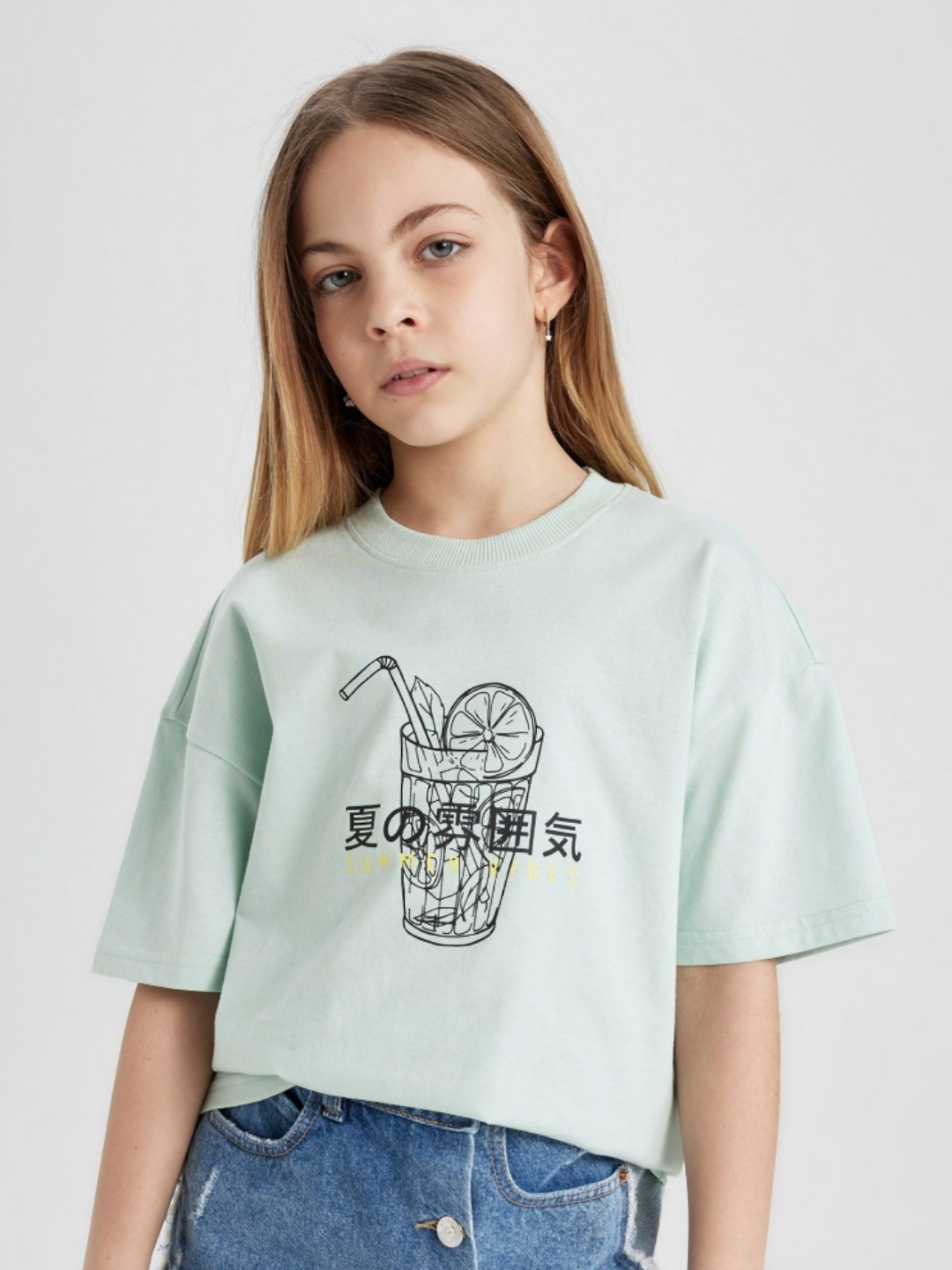 

DeFacto Girls Typography Printed Round Neck Cotton T-shirt, Green