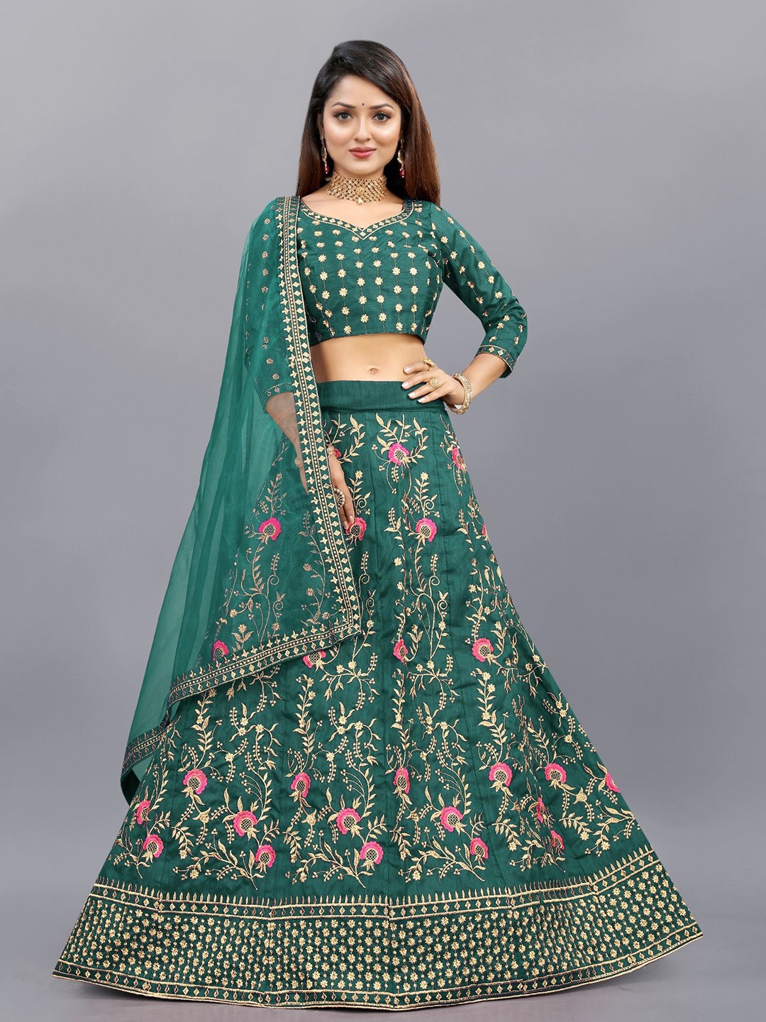 

APNISHA Embroidered V-Neck Semi Stitched Lehenga & Unstitched Blouse With Dupatta, Green