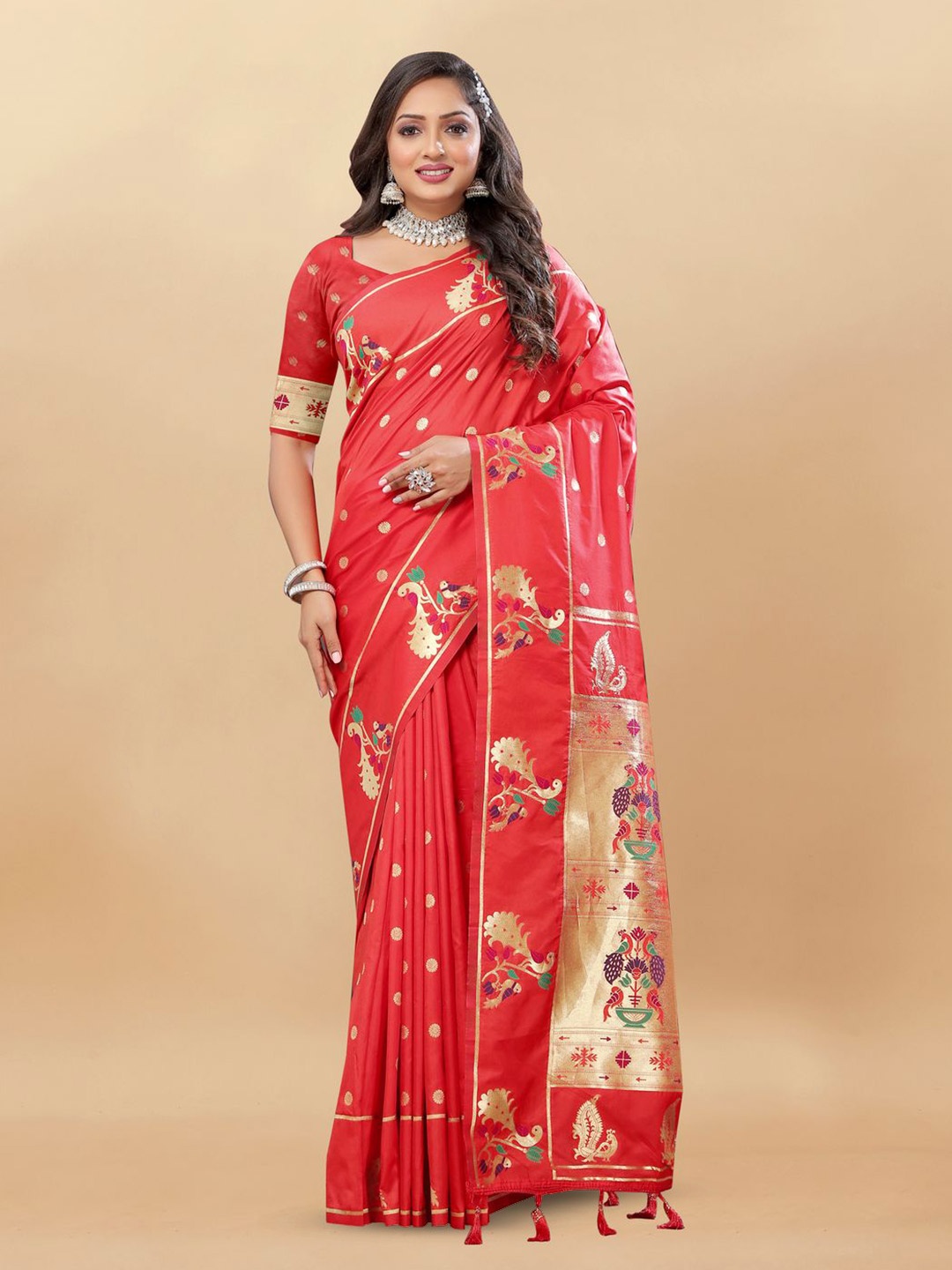 

MOKSHA DESIGNS Ethnic Motifs Woven Design Zari Pure Silk Paithani Saree, Red