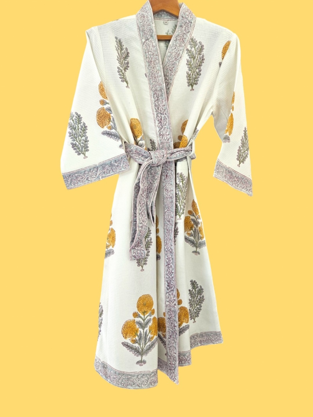 

Feels Like Home Royal Yellow & White Printed Cotton Bath Robe