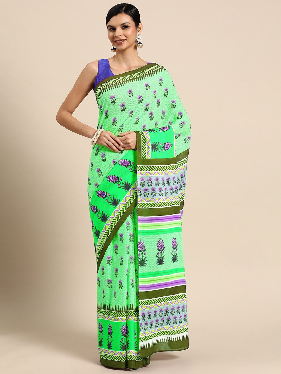 

BUTA BUTI Floral Printed Pure Cotton Saree, Green
