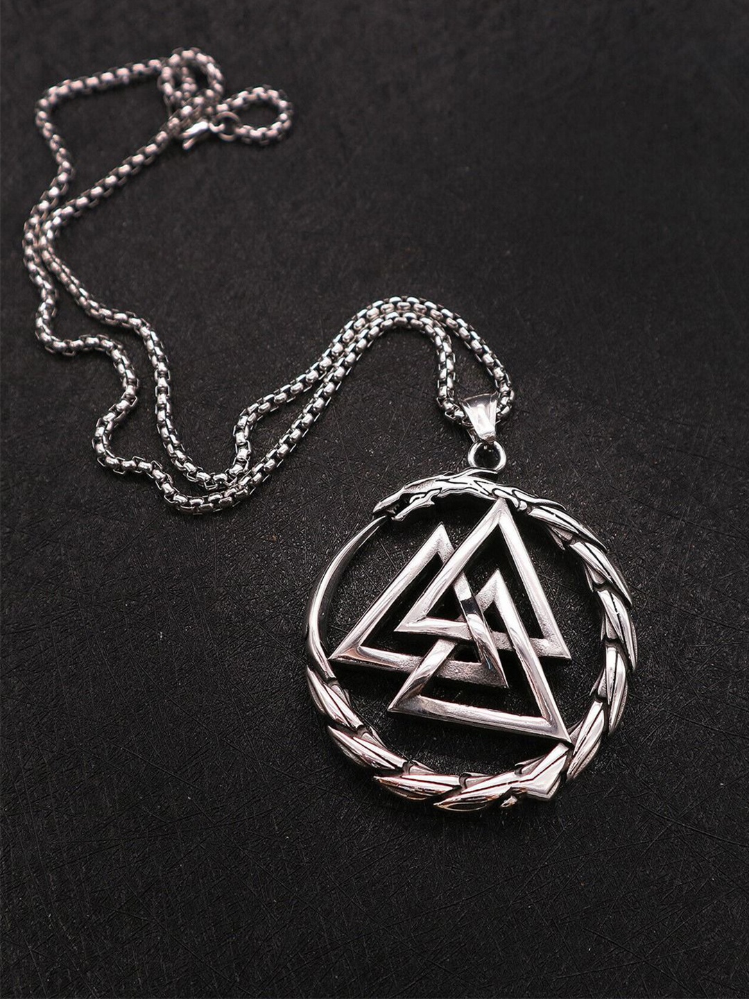 

KRENOZ Men Silver-Plated Stainless Steel Circular Shaped Pendant With Chain