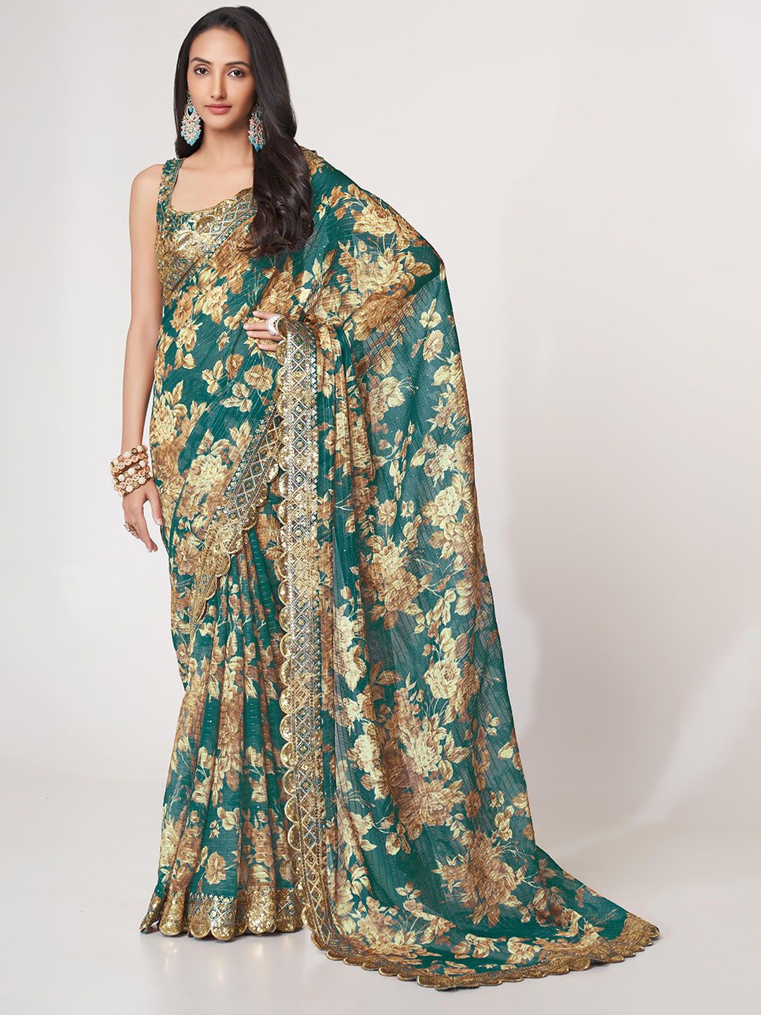 

ODETTE Floral Embroidered Printed Organza Saree With Unstitched Blouse, Teal