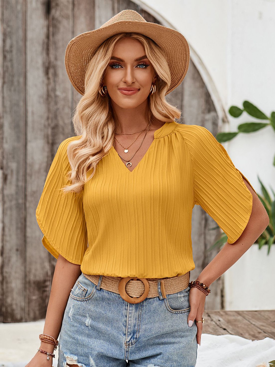 

StyleCast Women Solid Mandarin Collar Top, Yellow