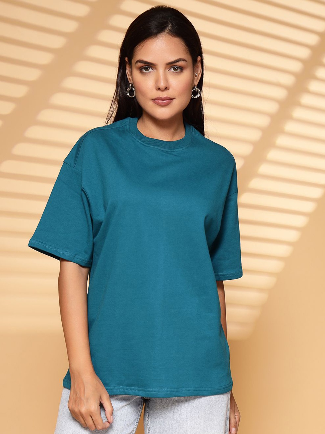 

TANYAA Unisex Bio Finish Solid Round Neck Pure Cotton Oversized T-shirt, Teal