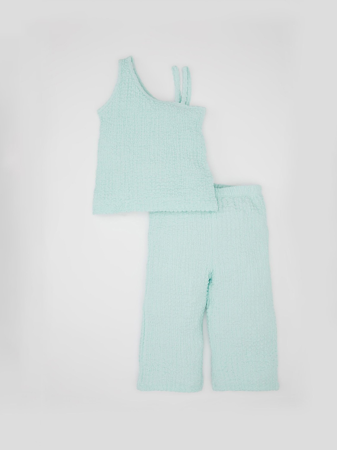 

DeFacto Girls Self Design One Shoulder Top With Trouser, Turquoise blue