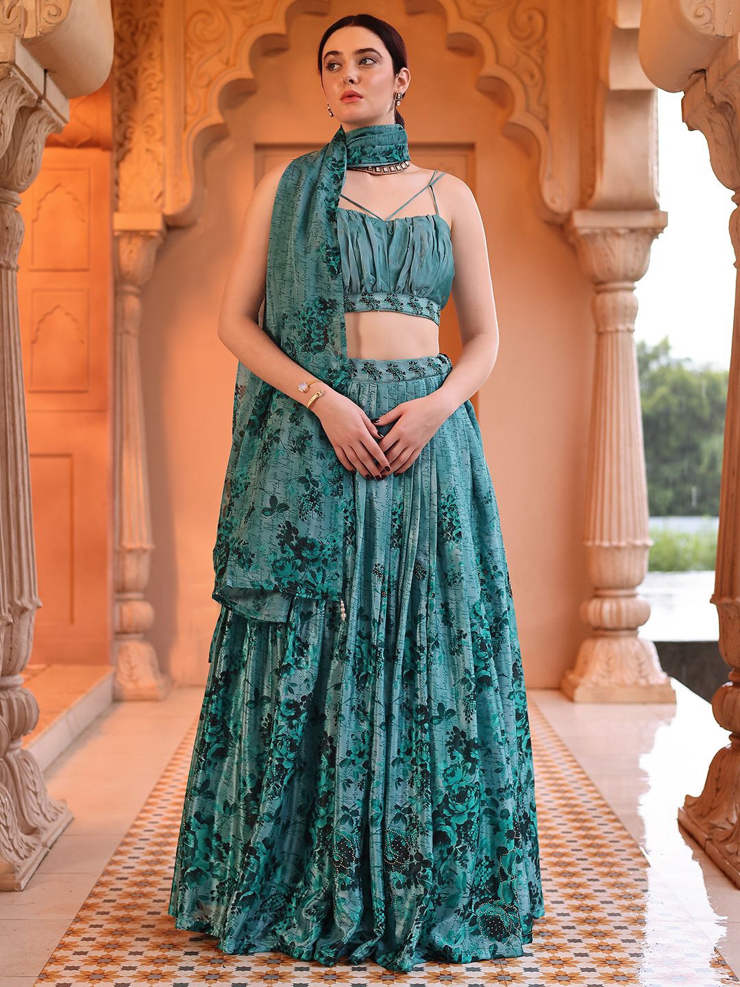 

PURVAJA Printed Beads and Stones Ready to Wear Lehenga & Unstitched Blouse With Dupatta, Green