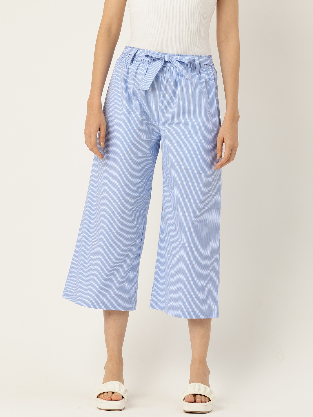 

Molcha Striped Flared Pure Cotton Cropped Palazzos, Blue
