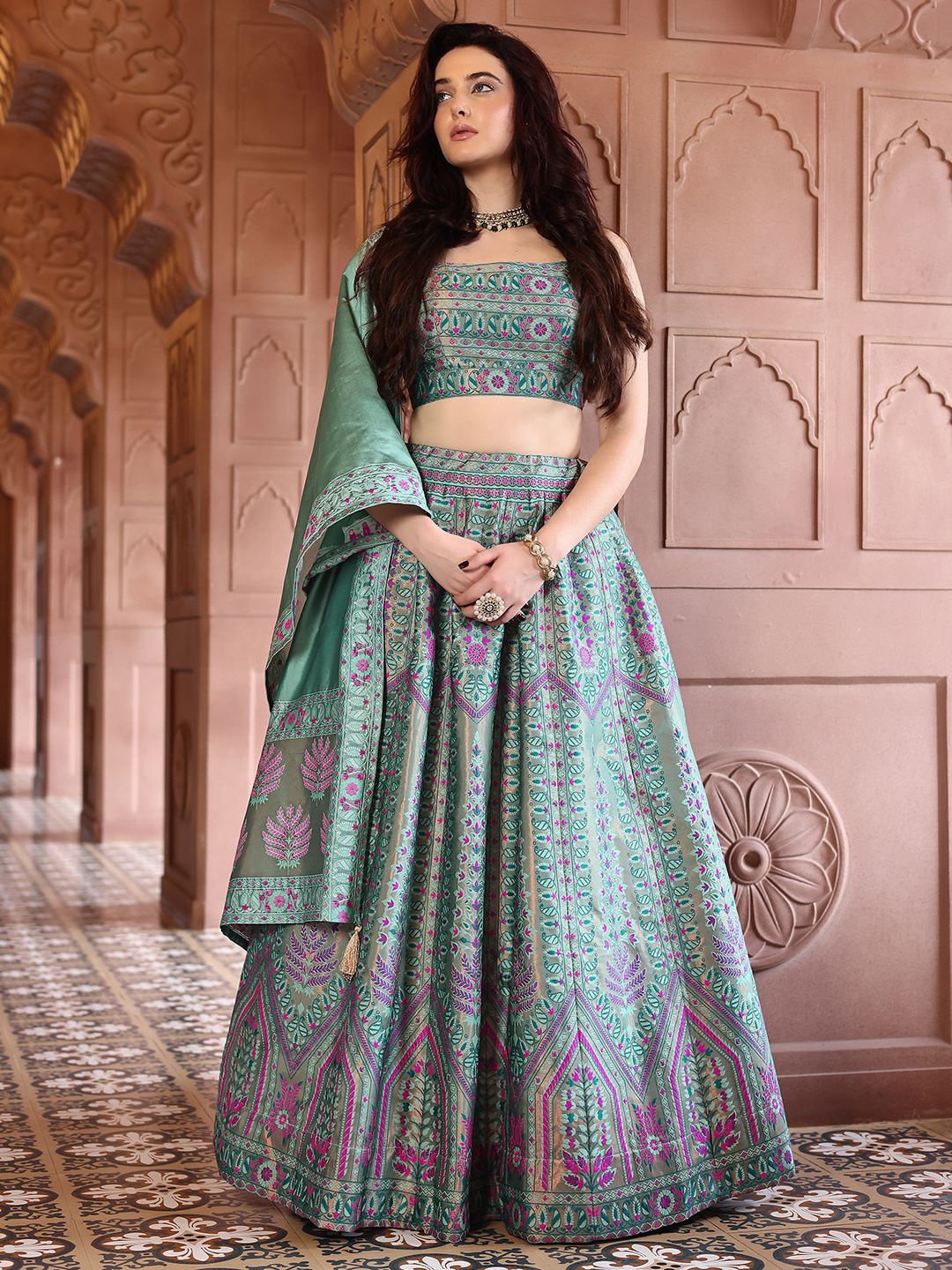 

PURVAJA Ready to Wear Lehenga & Unstitched Blouse With Dupatta, Sea green