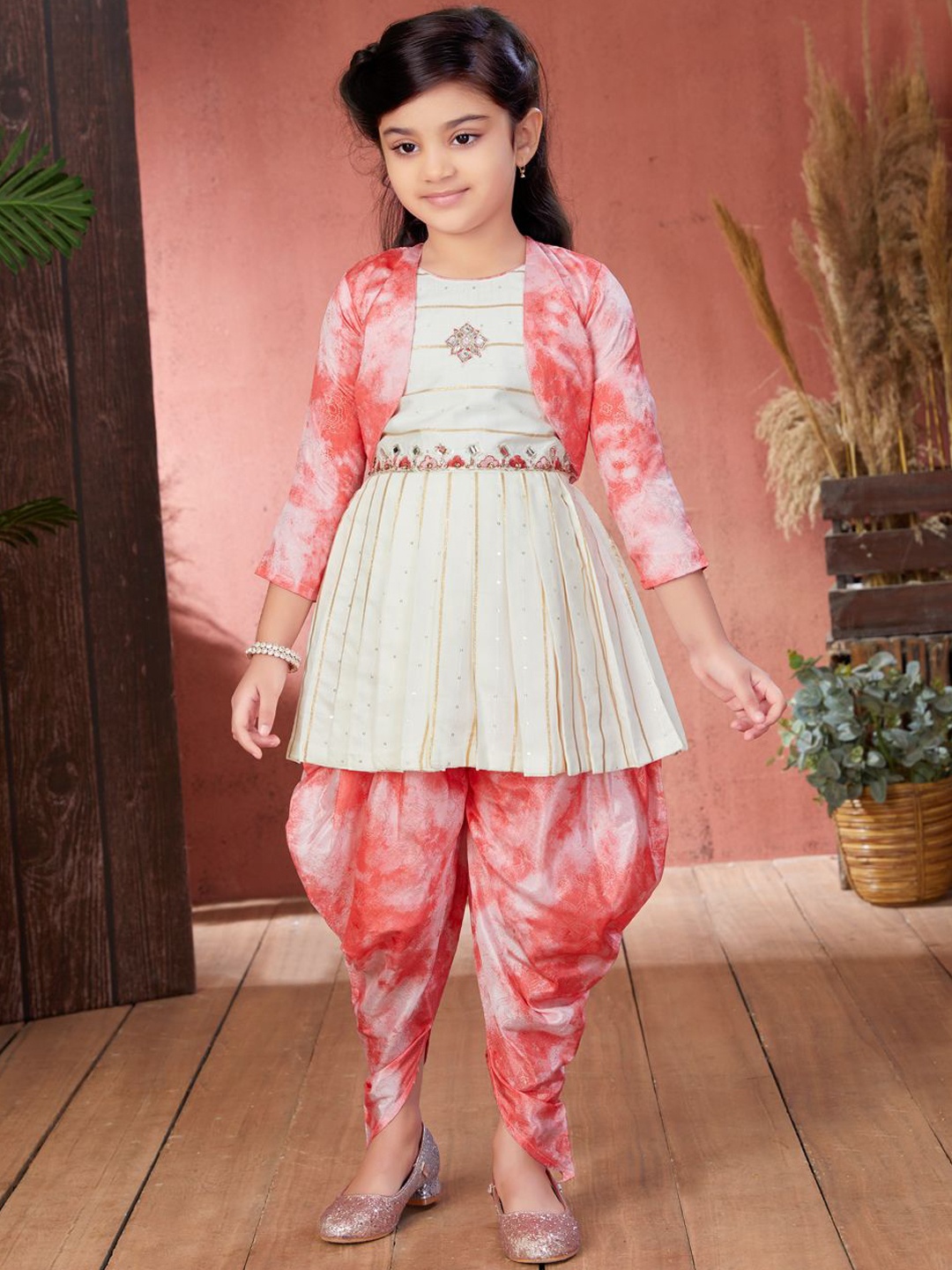 

Aarika Girls Striped Embroidered Beads And Stones Anarkali Kurti With Dhoti Pants, Off white