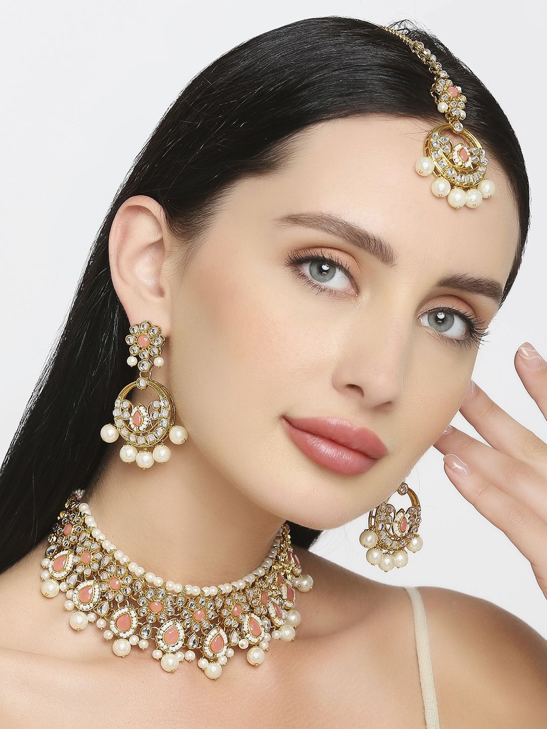 

Anouk Kundan Stone Studded & Beaded Ethnic Choker Jewellery Set, Pink