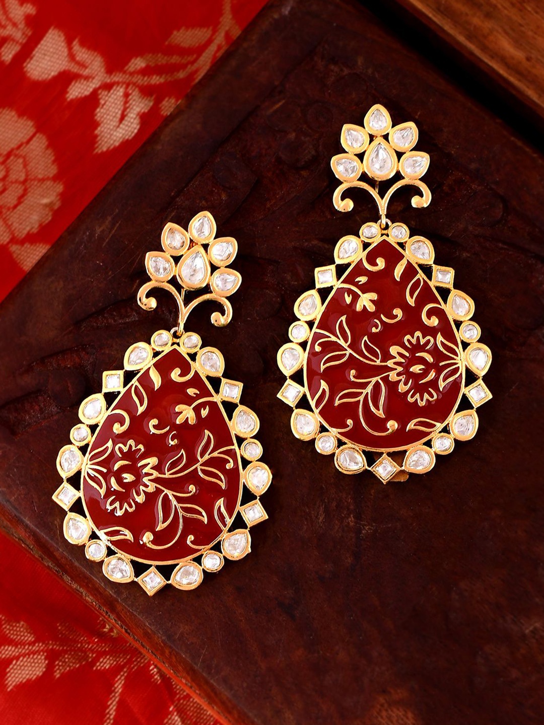 

Voylla Pashmina Gold plated Kundan Studded Contemporary Enamelled Drop Earrings