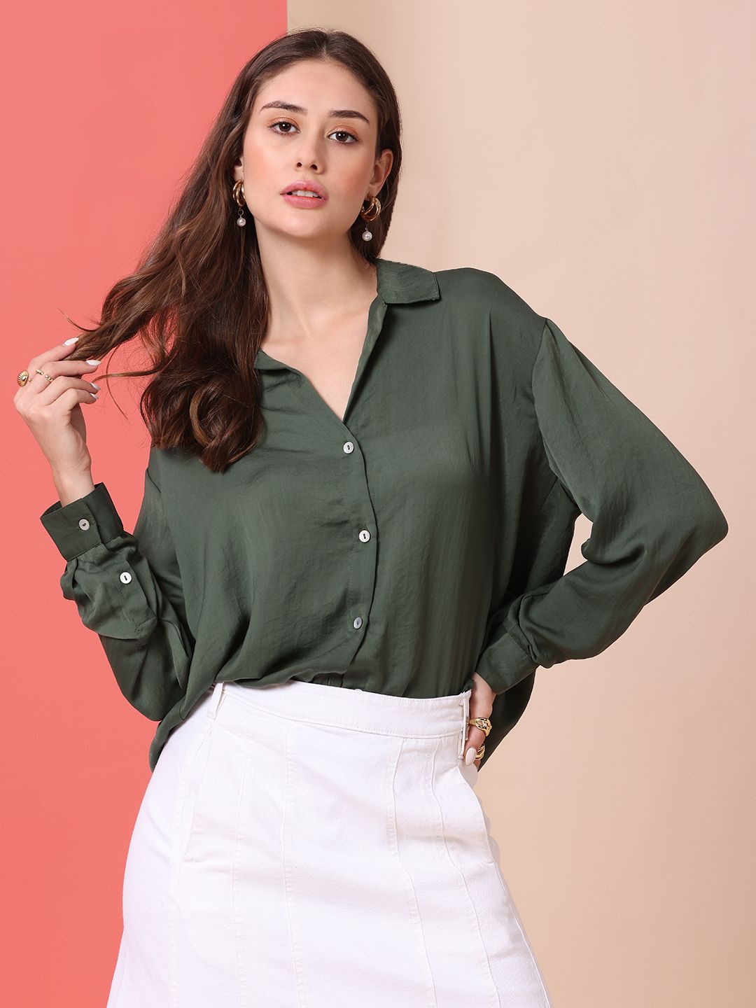 

Chemistry Women Spread Collar Solid Casual Shirt, Olive