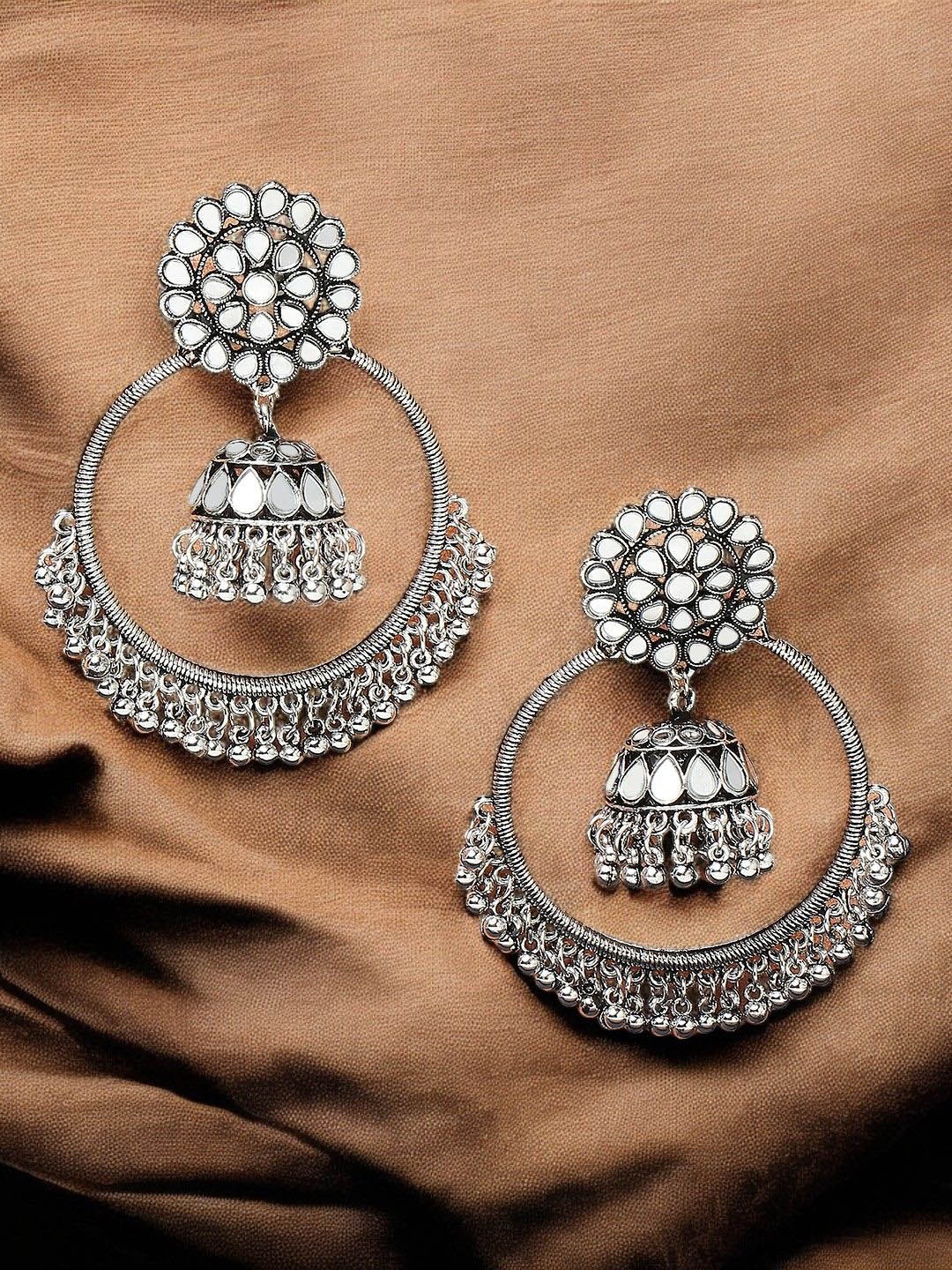 

Sangria Kundan Studded Oxidised Chandbali Jhumka, Silver