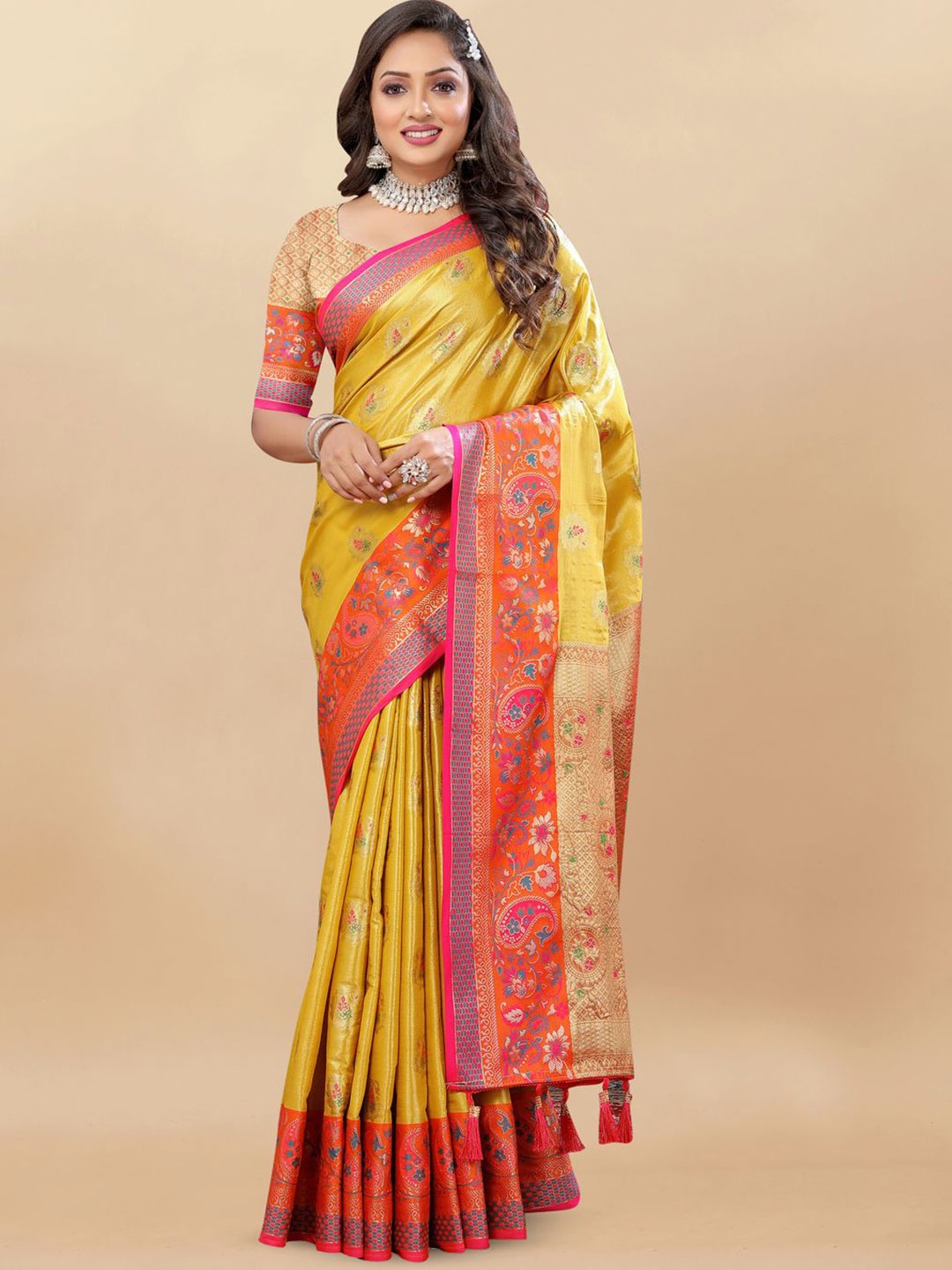 

MOKSHA DESIGNS Ethnic Motifs Woven Design Zari Pure Silk Banarasi Saree, Yellow