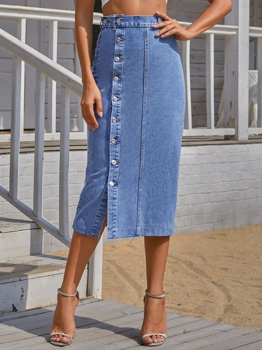 

KPOP Women's Straight Solid Midi Button Skirt, Blue