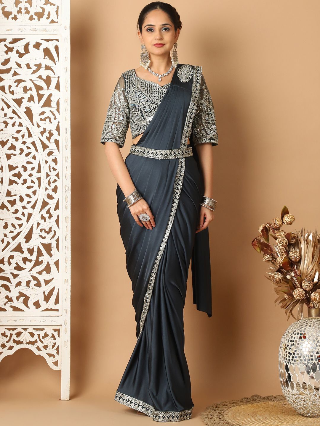 

Grancy Beads and Stones Ready to Wear Saree, Grey