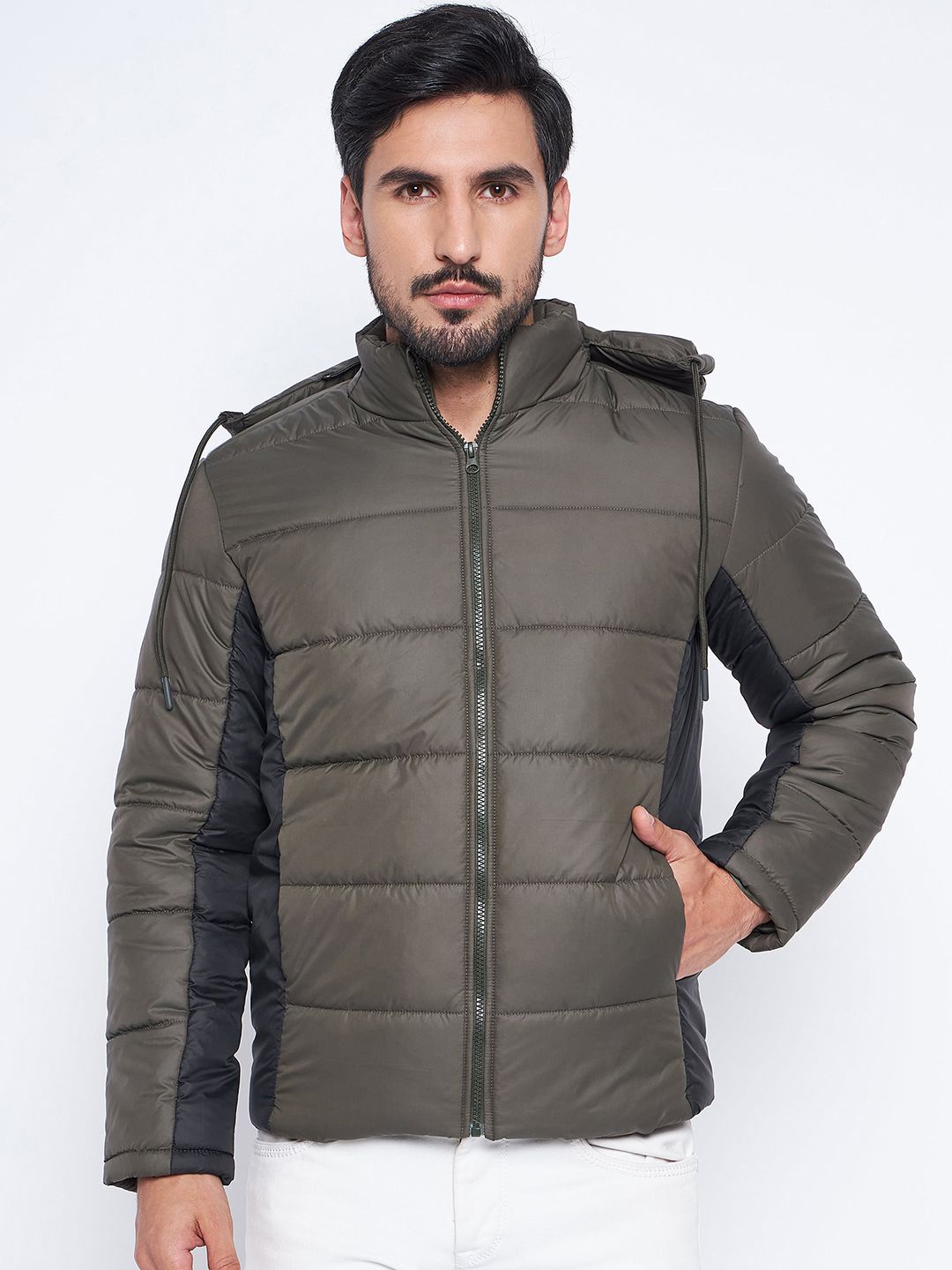 

VERO AMORE Men Colourblocked Hooded Puffer Jacket, Olive