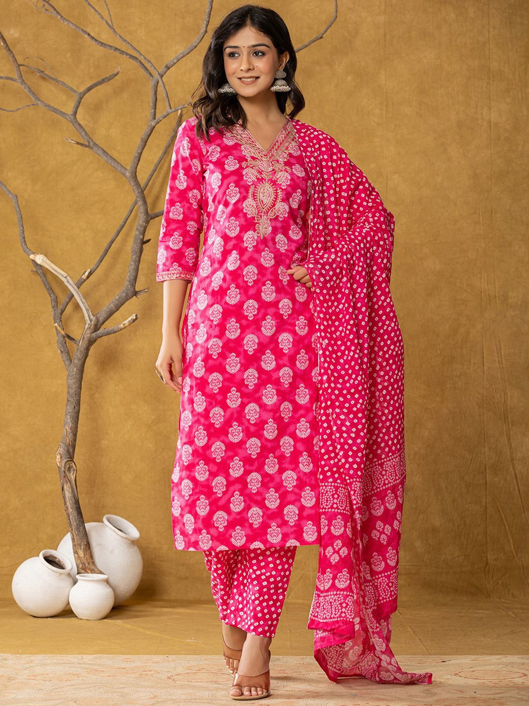 

Yufta Pink Ethnic Motifs Embroidered Pure Cotton Zari Kurta with Trousers & Dupatta