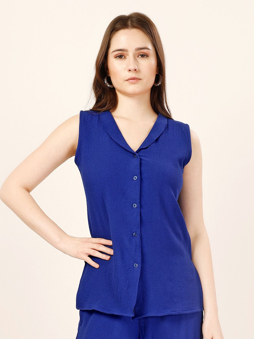 

Murcia Women Peter Pan Collar Solid Casual Shirt, Blue