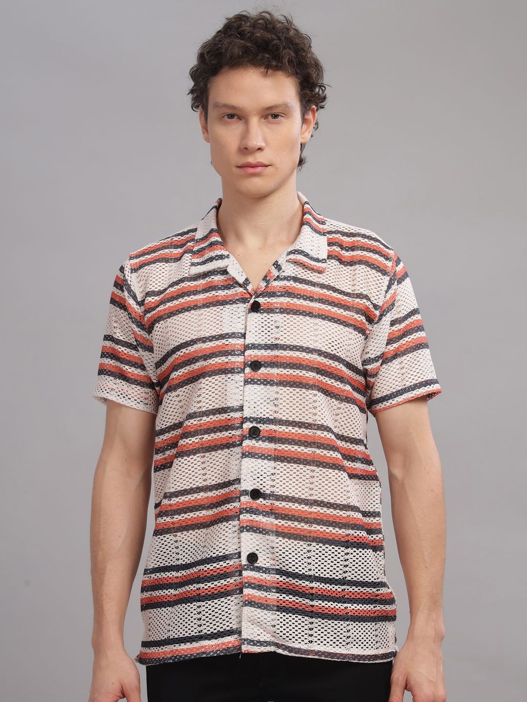 

STI Men Modern Cuban Collar Textured Relaxed Fit Casual Shirt, Cream