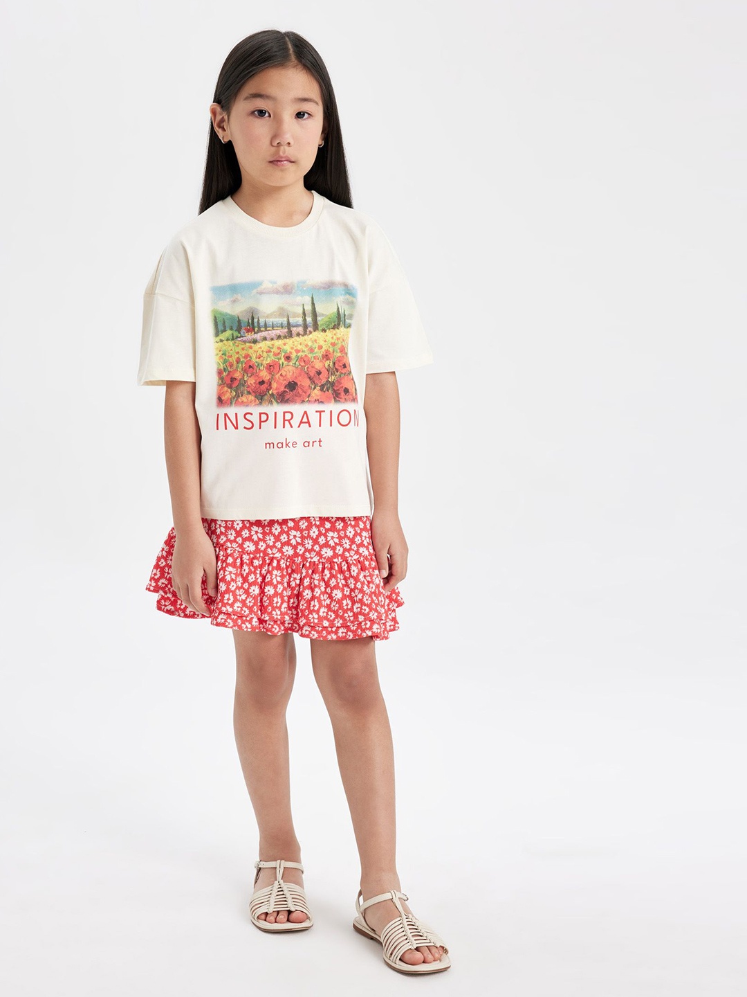 

DeFacto Girls Printed Pure Cotton T-shirt with Skirt, White