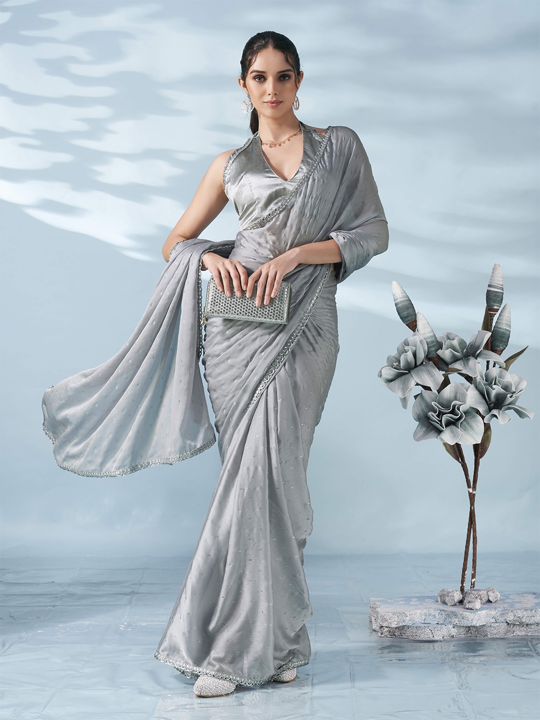 

Tikhi Imli Embellished Beads and Stones Satin Saree, Grey