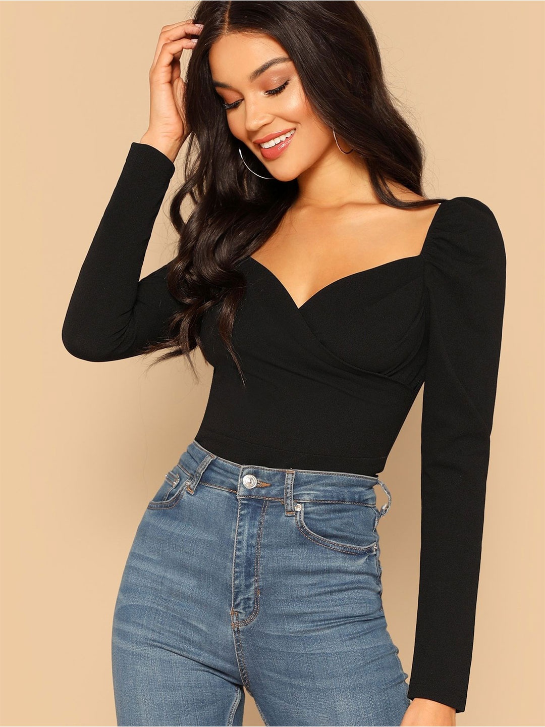 

Urban Komfort Women Solid Sweetheart Neck Top, Black