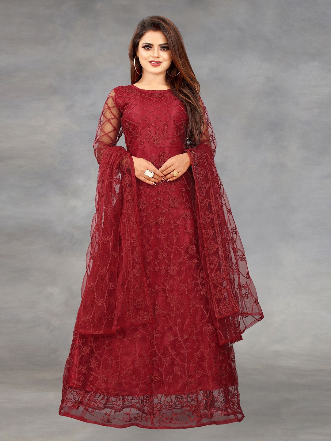 

Aika Embroidered Net Fit & Flare Maxi Dress, Maroon