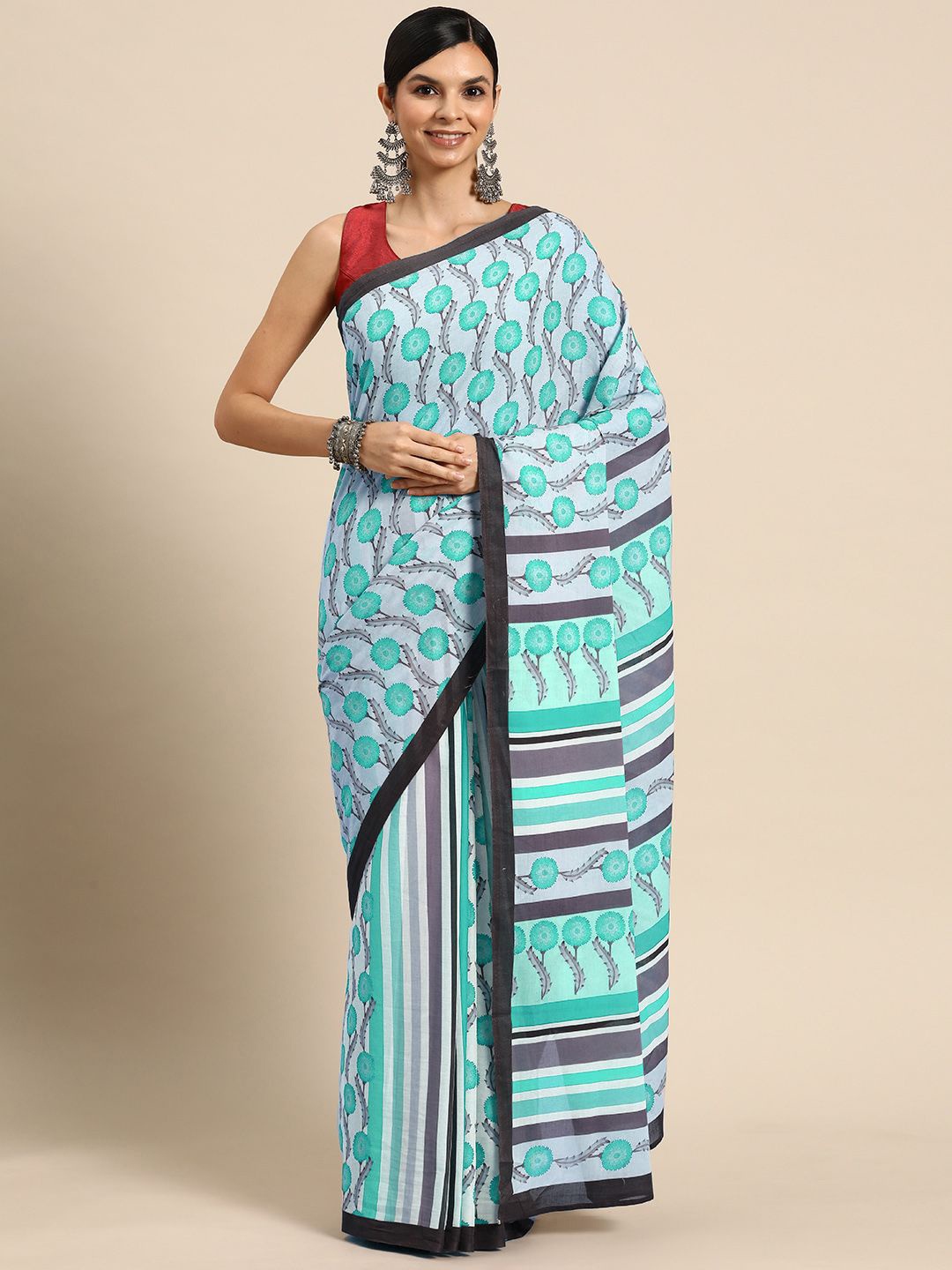 

BUTA BUTI Floral Printed Pure Cotton Saree, Blue