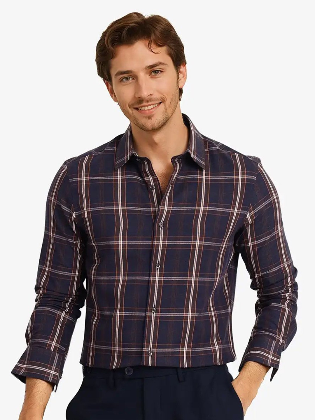 

RARE RABBIT Men Comfort Spread Collar Checked Cotton Casual Shirt, Navy blue