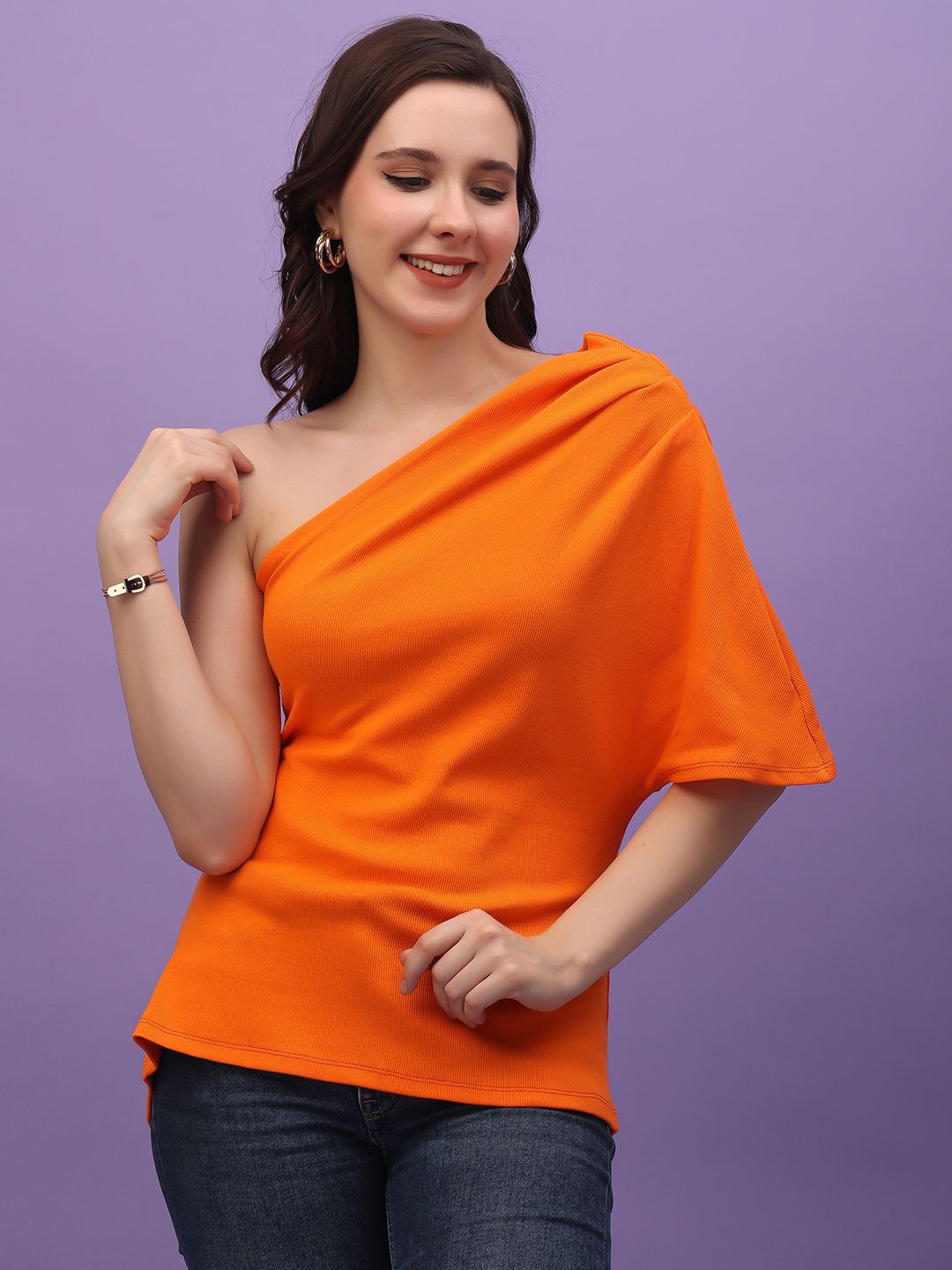 

MINOS Women Solid One Shoulder Top, Orange