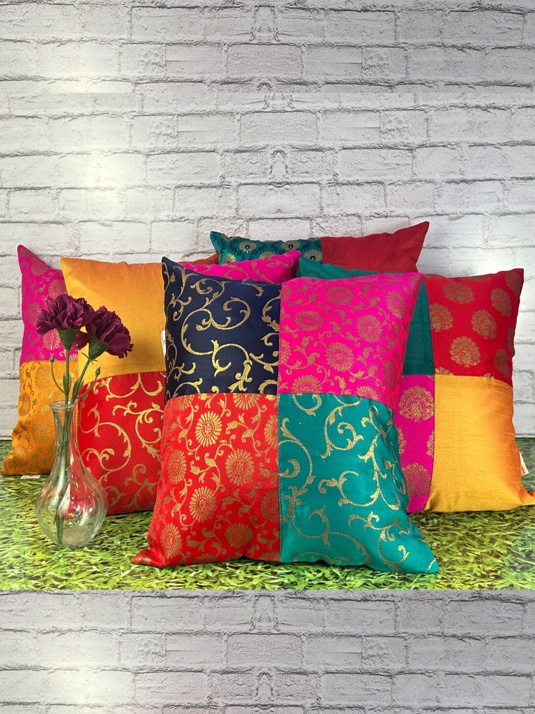 

Pink Parrot Red & Yellow 5 Pieces Ethnic Motifs Square Cushion Covers