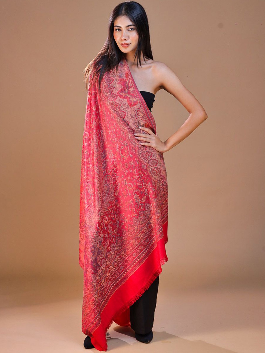 

SWI Stylish Floral Woven Design Jamawar Shawl, Pink