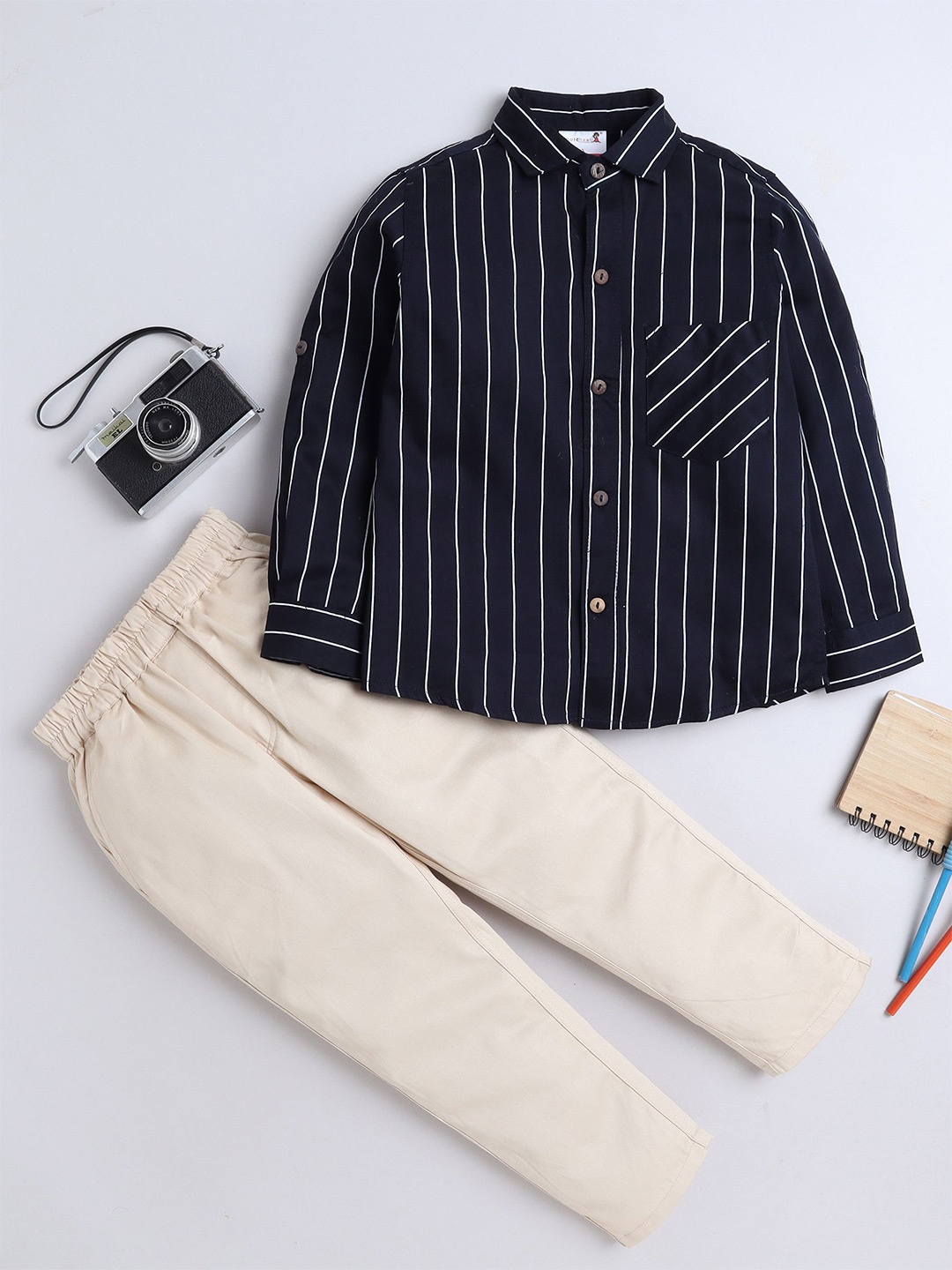 

BAATCHEET Boys Striped Cotton Top with Trousers, Navy blue