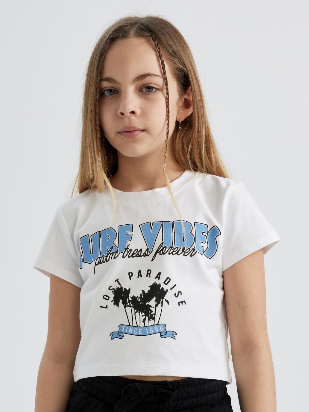 

DeFacto Girls Typography Printed Round Neck Cotton T-shirt, White