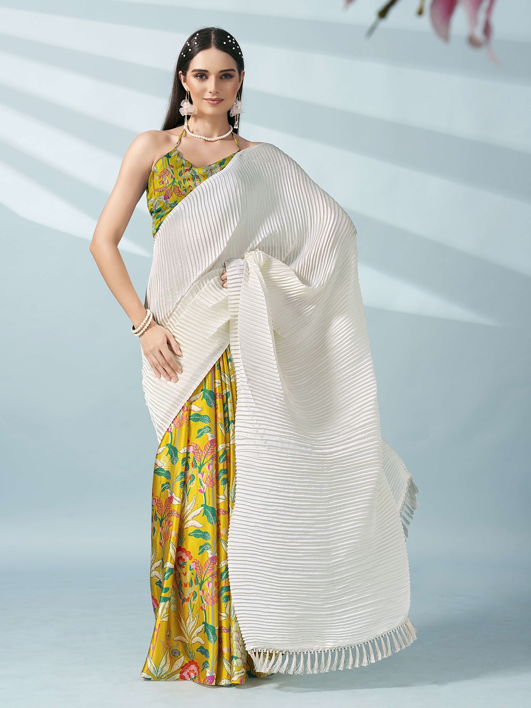 

Tikhi Imli Floral Printed Half and Half Saree, Cream