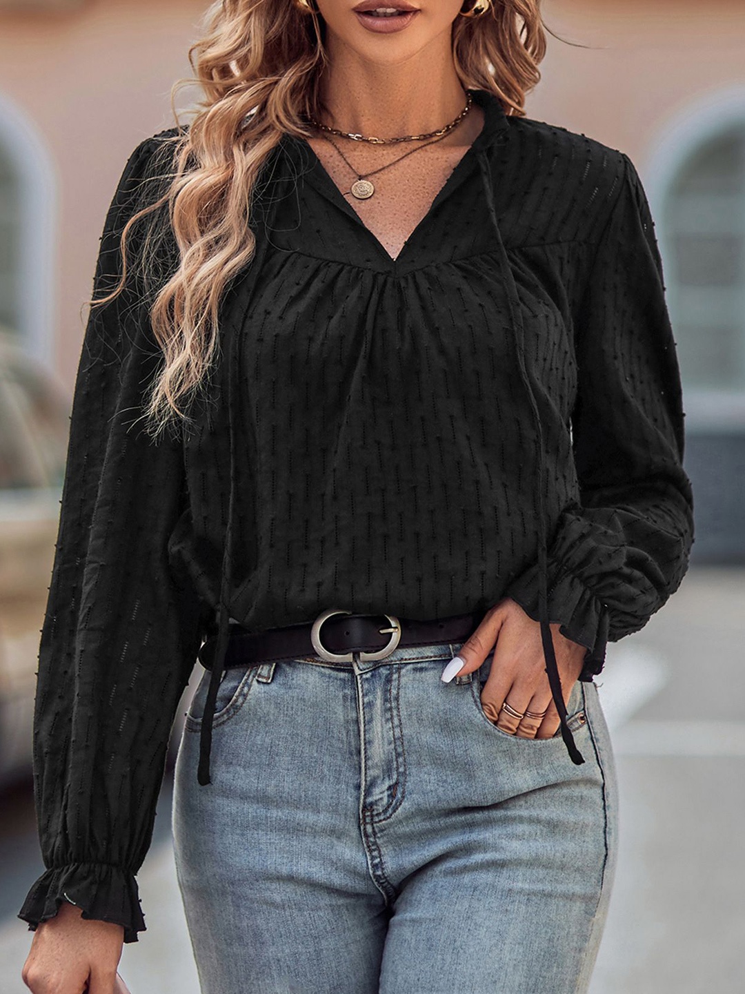 

StyleCast Women Self Design V-Neck Top, Black