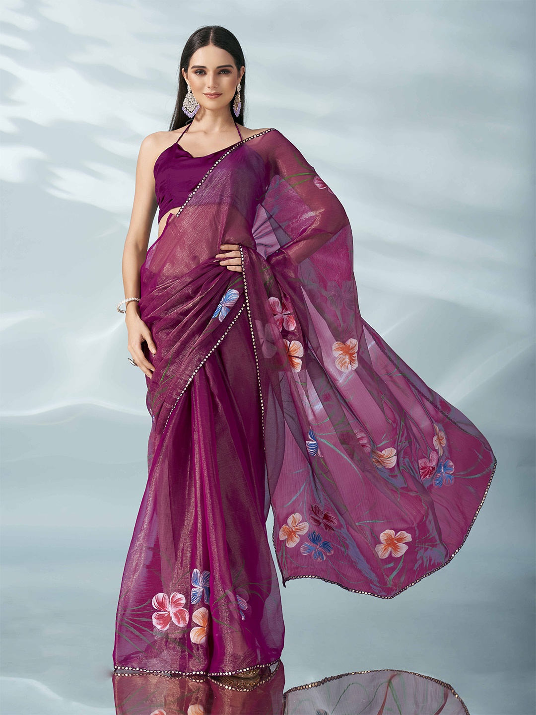 

Tikhi Imli Floral Printed Mirror Work Saree, Pink