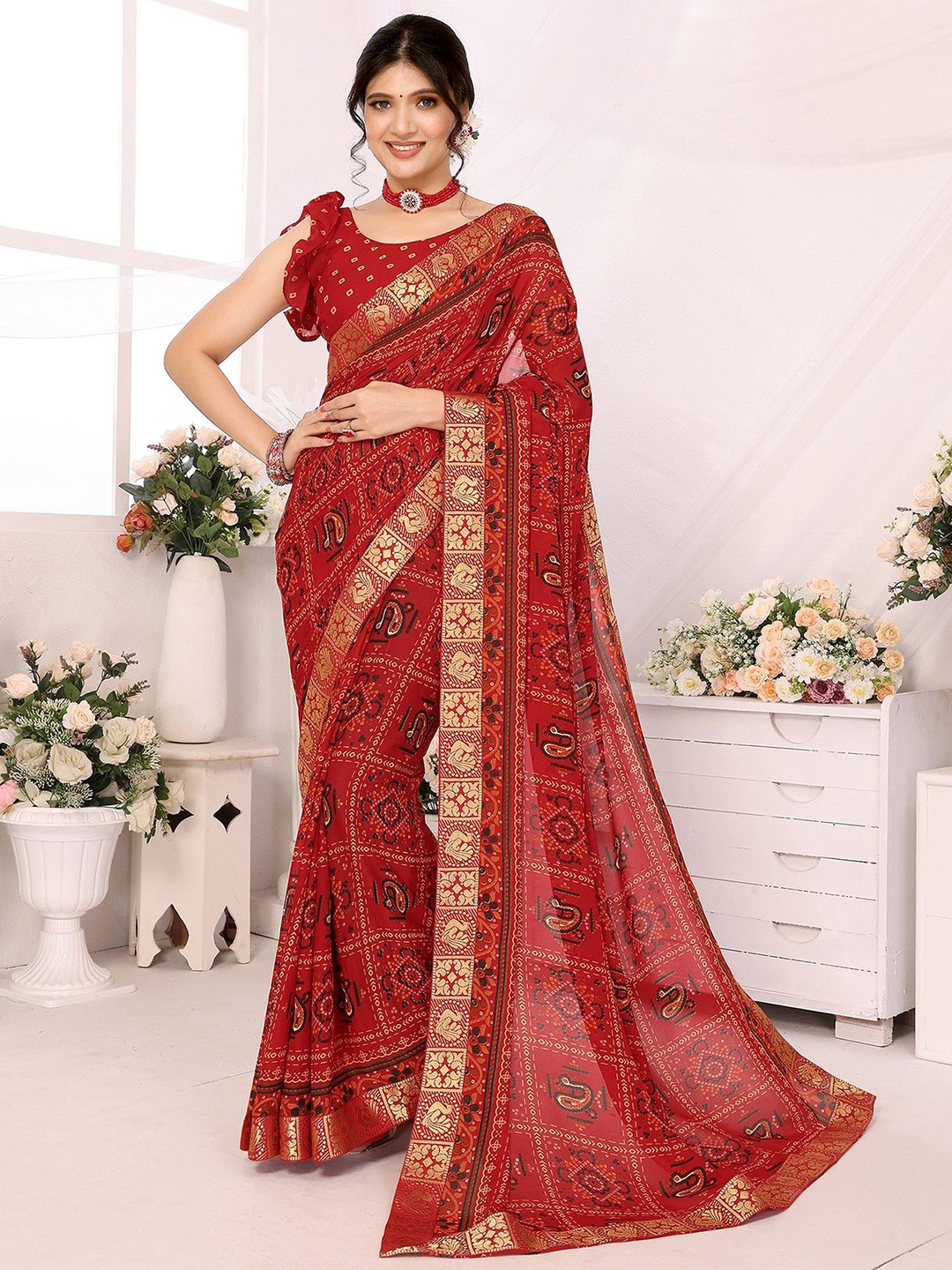 

KALINI Bandhani Printed Zari Leheriya Saree, Maroon