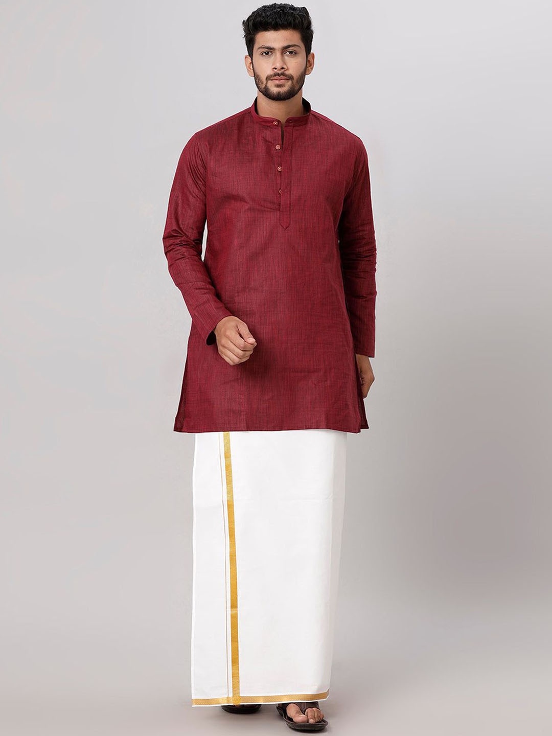 

Ramraj Mandarin Collar Pure Cotton Straight Kurta With Golden Zari Dhoti, Maroon