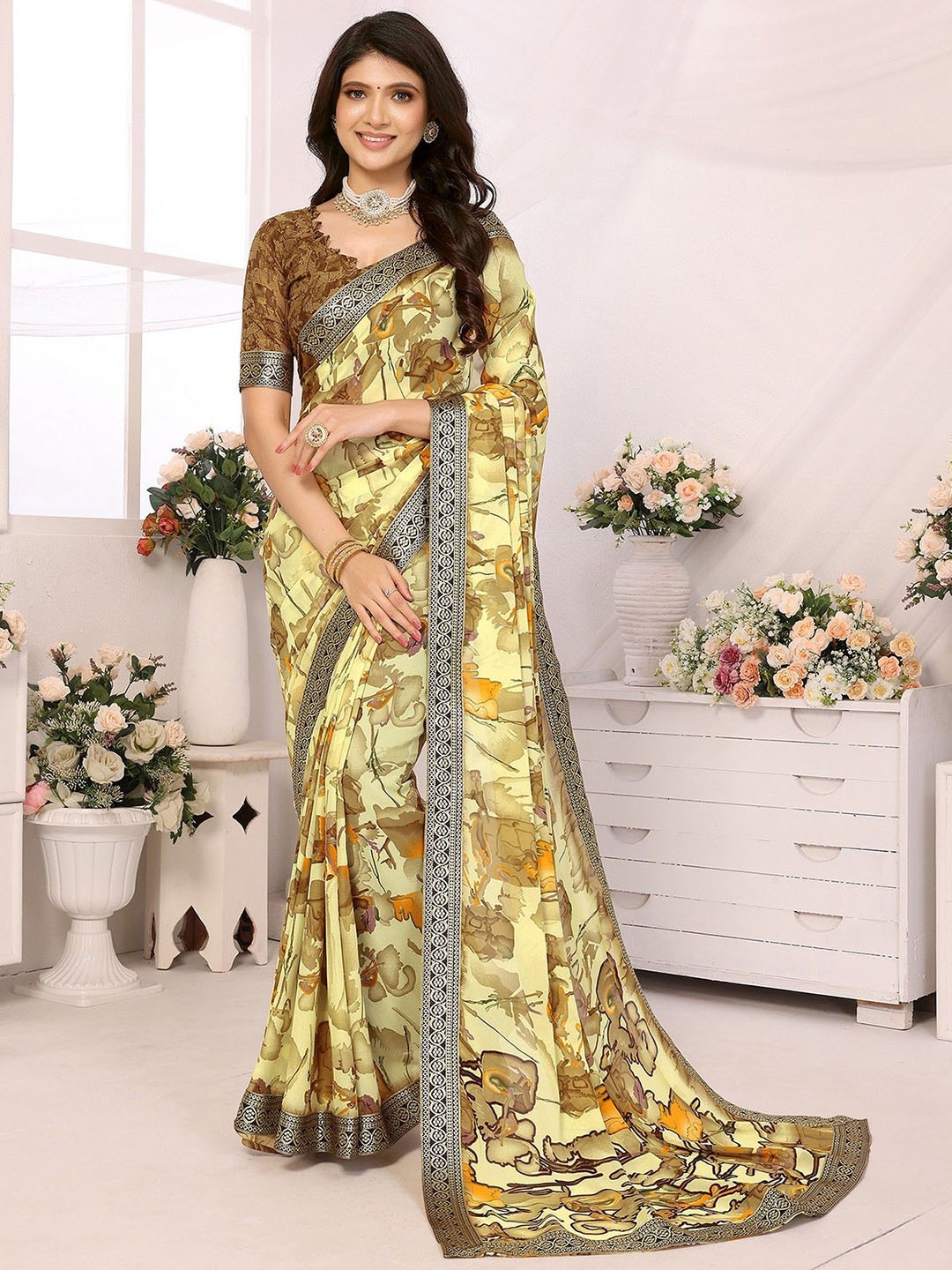 

KALINI Floral Printed Leheriya Saree, Yellow