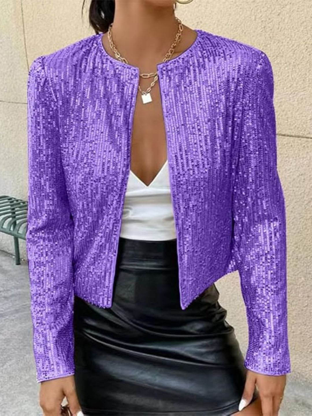 

KPOP Women Solid Collarless Open Front Jacket, Purple