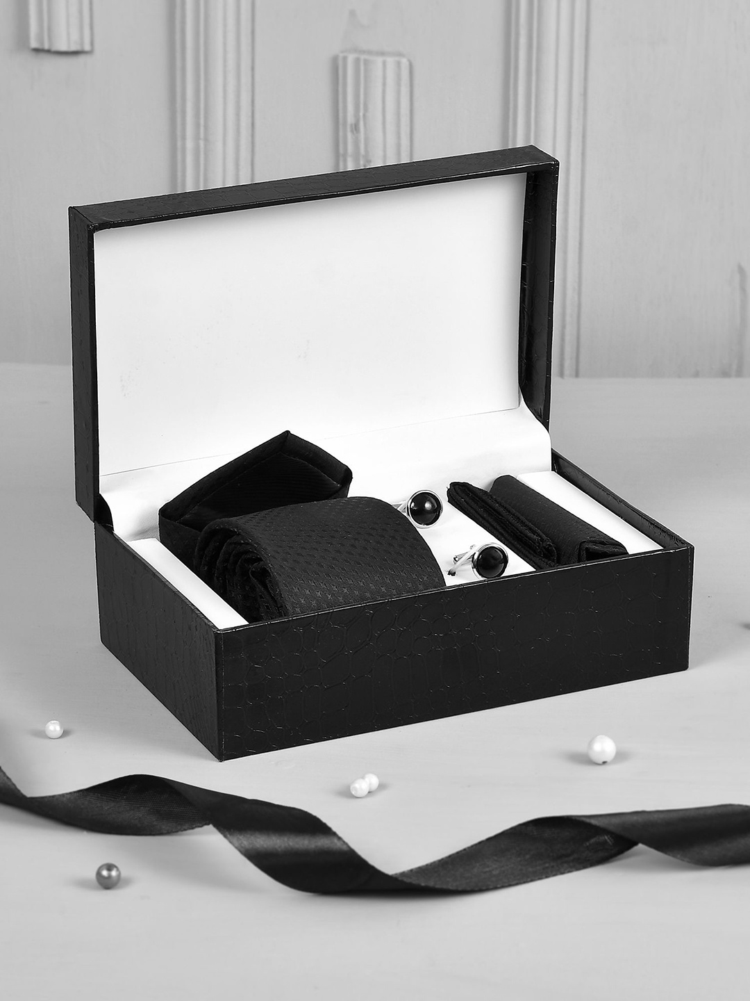 

Voylla Men Cufflinks, Tie & Pocket Square Accessory Gift Set, Black