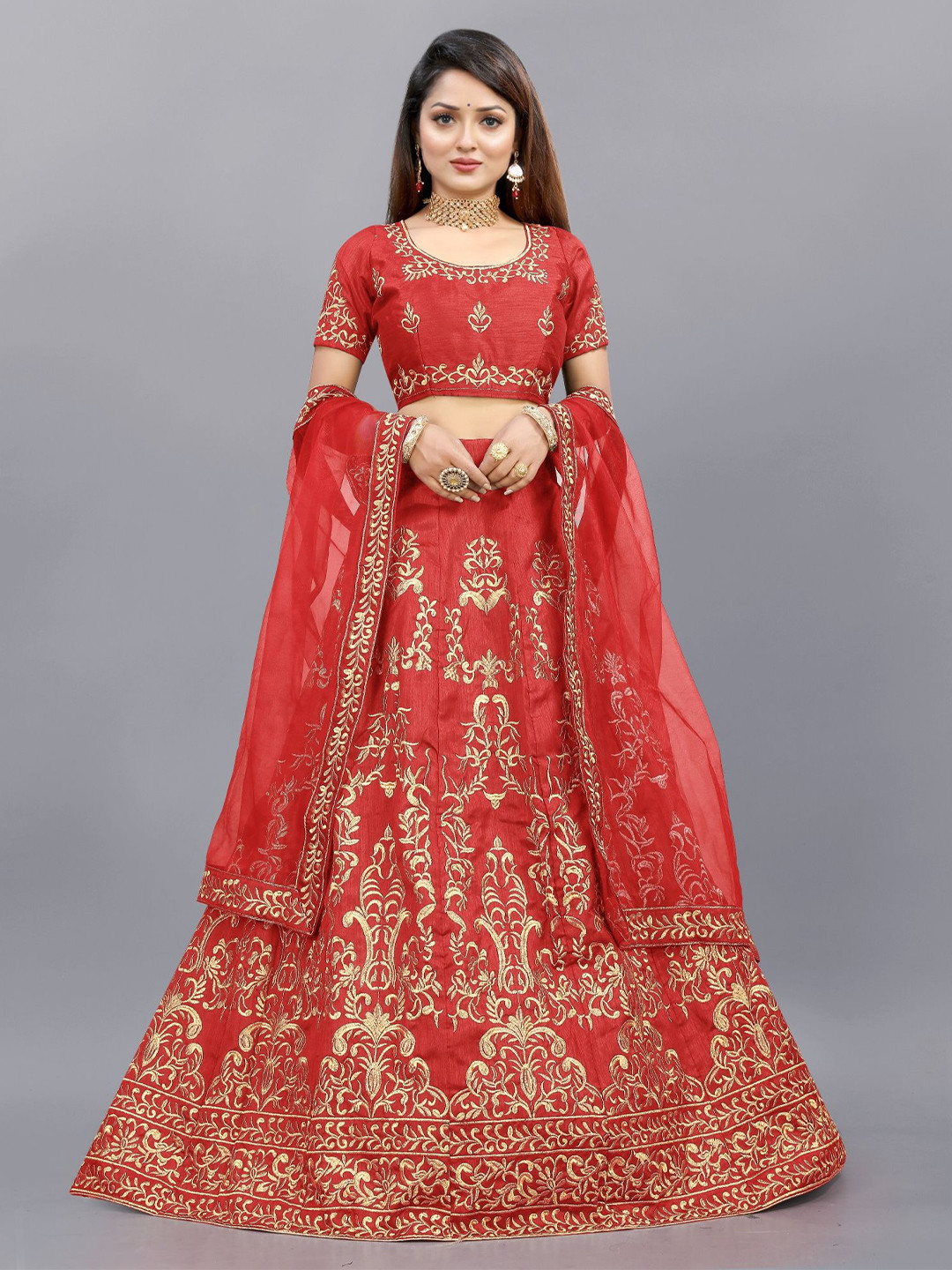 

APNISHA Embroidered Thread Work Semi-Stitched Lehenga & Unstitched Blouse With Dupatta, Red