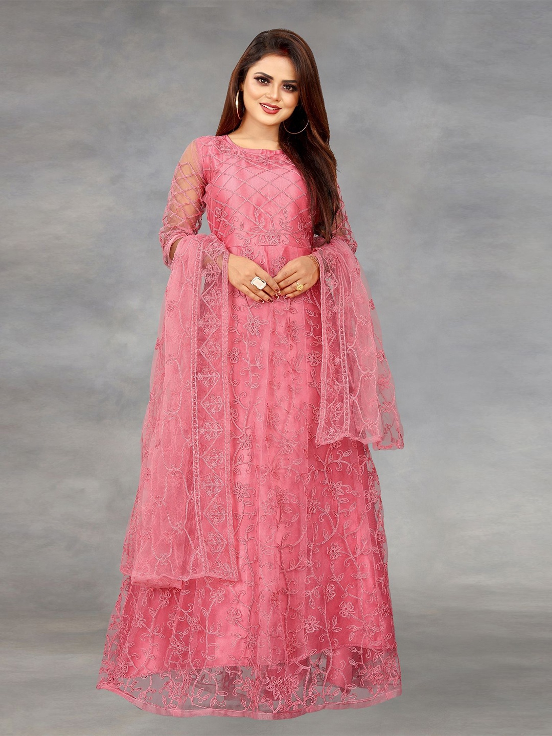 

Aika Embroidered Bell Sleeve Net Fit & Flare Maxi Dress, Peach