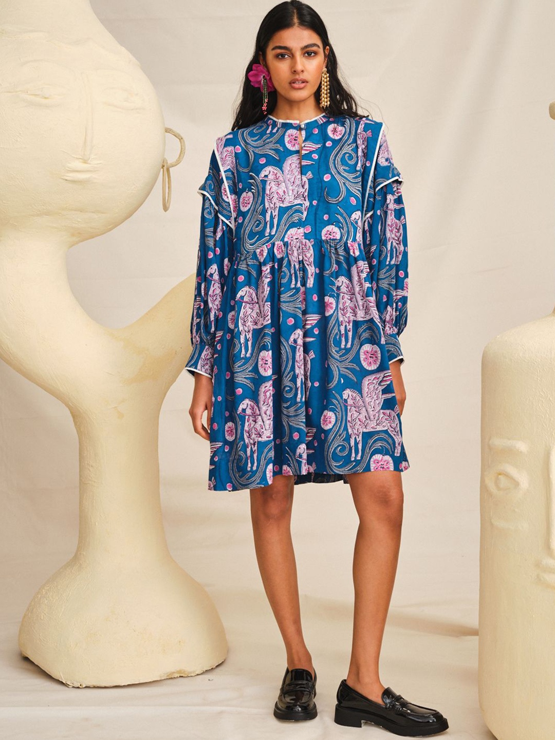 

Jodi Women Conversational Printed Puff Sleeves A-Line Dress, Blue