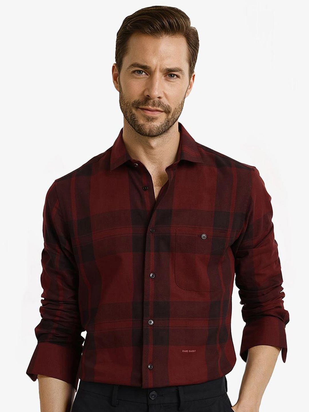 

RARE RABBIT Men Comfort Spread Collar Solid Checked Cotton Casual Shirt, Red