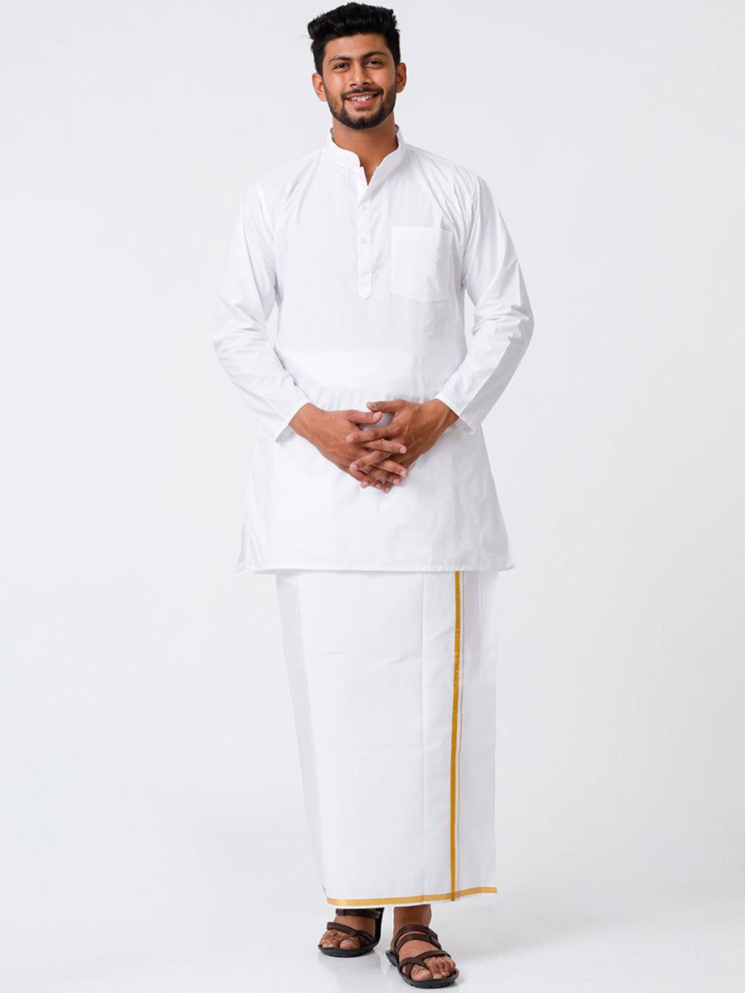 

Ramraj Mandarin Collar Pure Cotton Straight Kurta With Golden Zari Dhoti, White