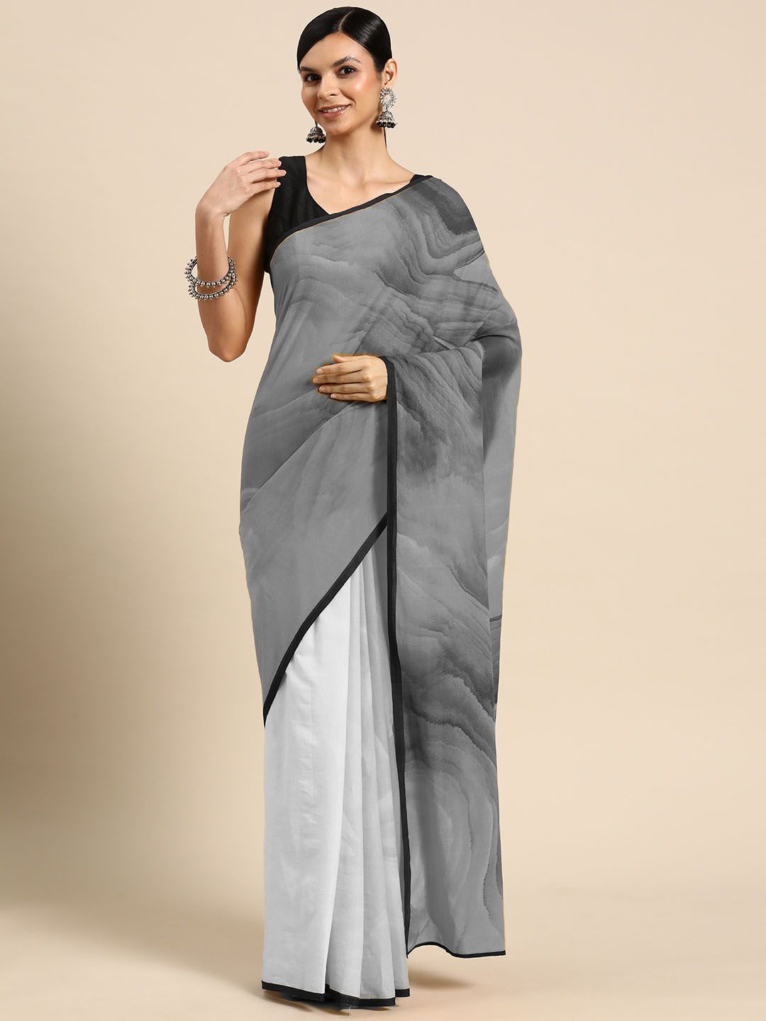 

BUTA BUTI Pure Cotton Half and Half Saree, Grey